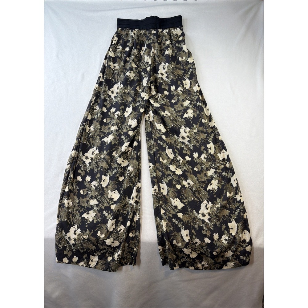 Womens Silk Wide Leg Palazzo Pants Floral Abstract Black Olive Stretch Waist